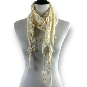 Artisian Lace Crocheted Fringe Bohemian Scarf Cream‎ Beige Fairycore Coquette
